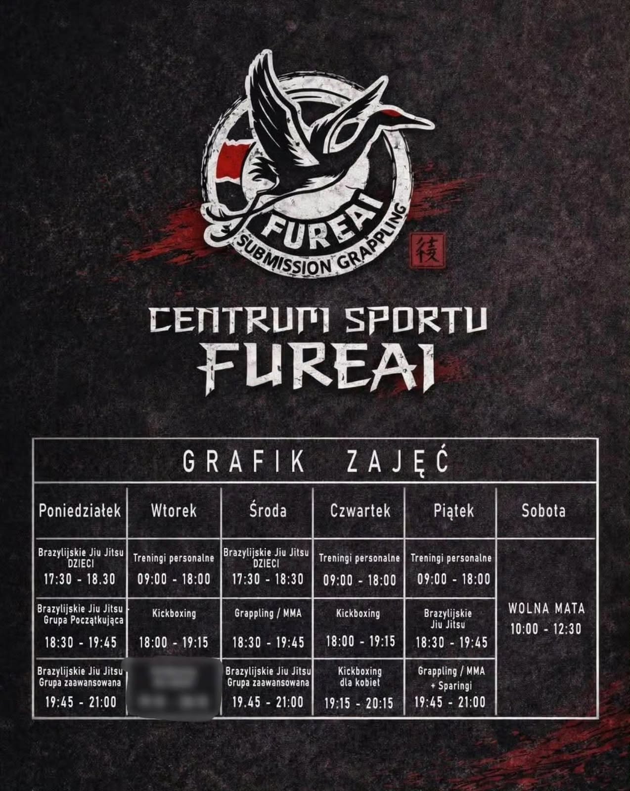 Plakat z grafikiem zajęć Centrum Sportu Fureai